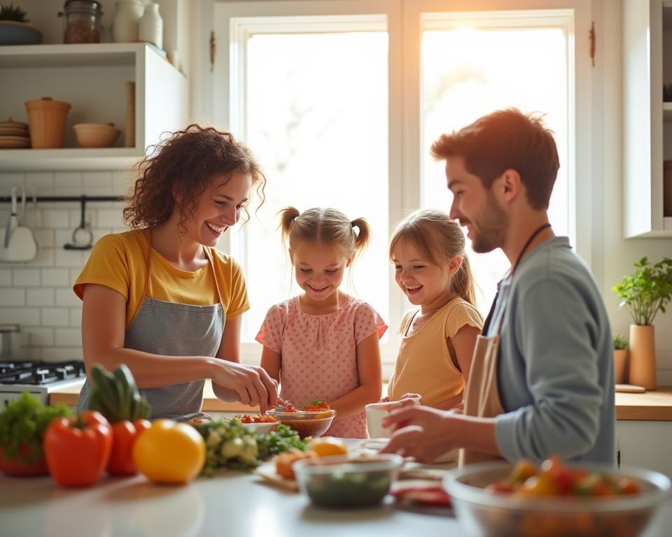 Familj som lagar mat tillsammans med barn i köket